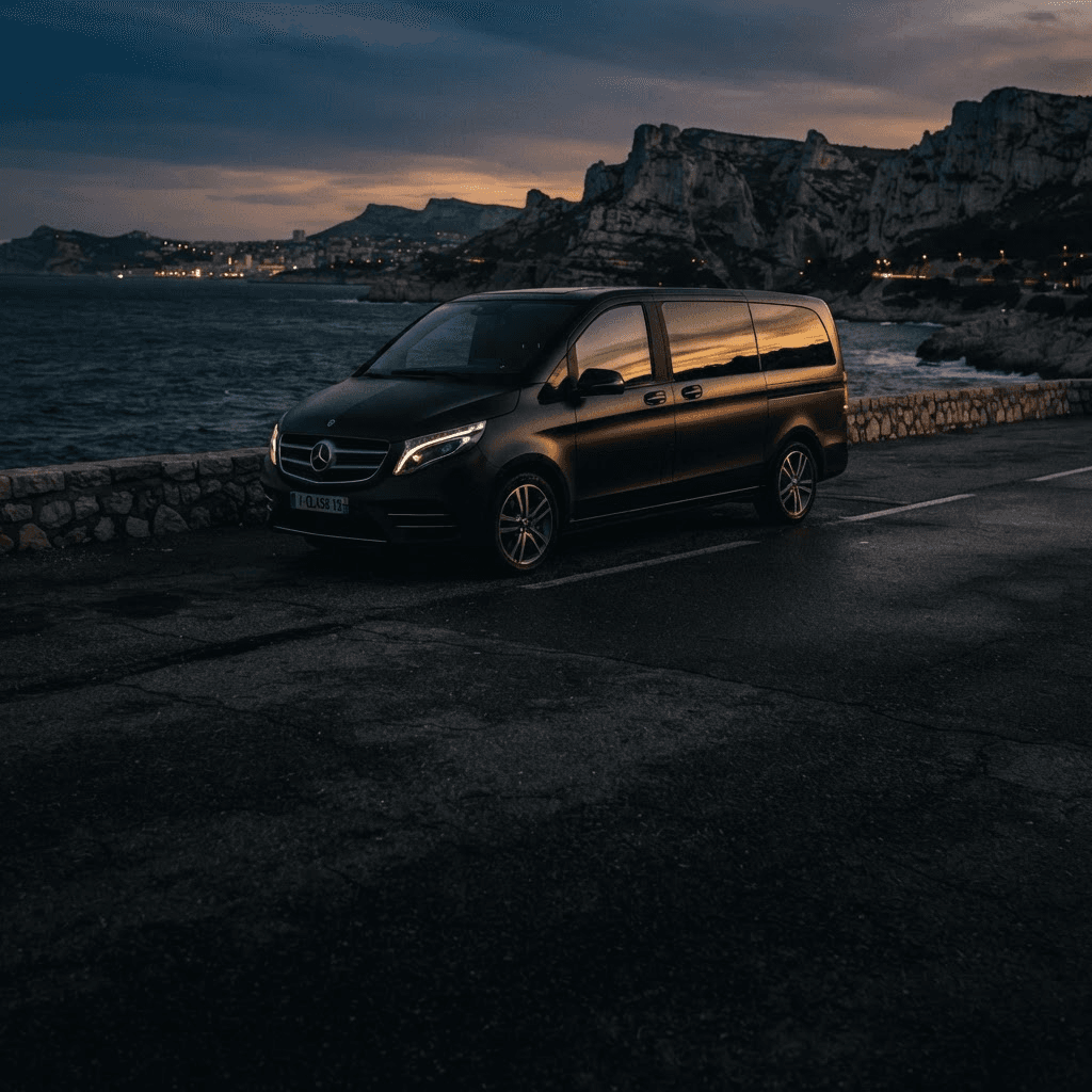 Taxi van de luxe noir stationné sur le littoral de Marseille au crépuscule